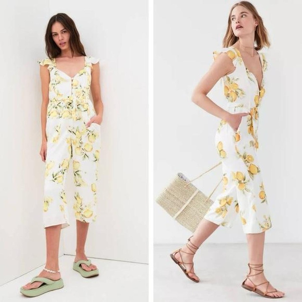 For Love & Lemons White Lemon Print Sleeveless Jumpsuit